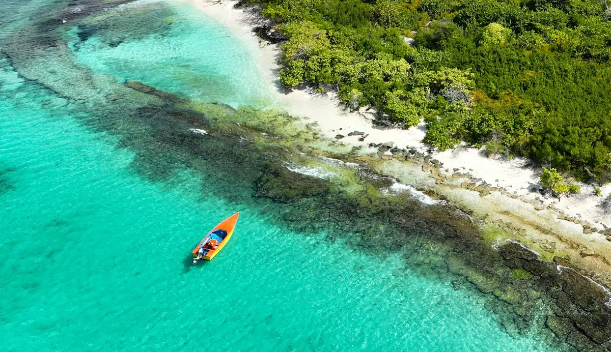 Coral reef, white sand and clear shallow water along White Island near Carriacou, Grenada